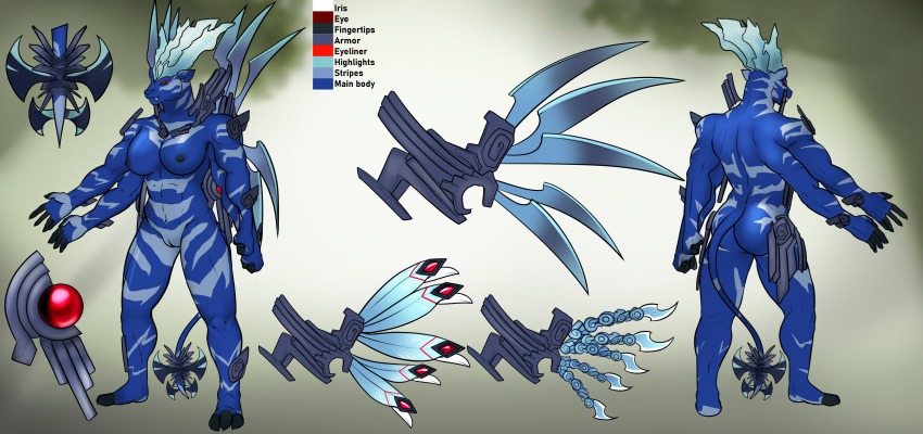 3_toes 4_arms 5_fingers abs absurd_res anthro armor blade blue_nose breasts butt disney eyeliner fangs feathered_wings feathers feet felid female fingers franubis front_view gem genitals hi_res leopard makeup mammal markings model_sheet multi_arm multi_limb nipples pantherine pussy rear_view red_eyes rydrake spectrobes tail tail_blade teeth toes weapon_tail wings