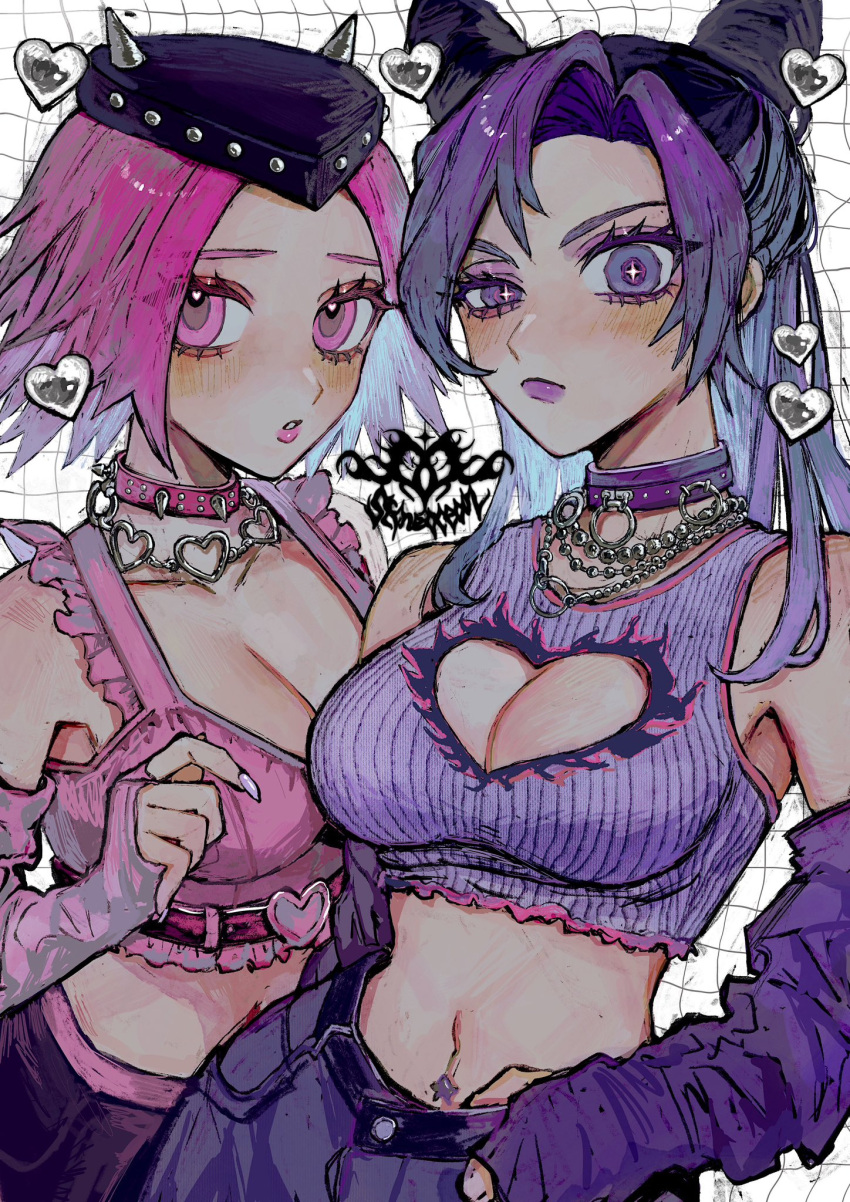 +_+ 2girls bare_shoulders belt black_headwear blush breasts cleavage_cutout clothing_cutout collar colored_eyelashes crop_top detached_sleeves eyeshadow fingernails genderswap genderswap_(mtf) hand_on_own_hip heart heart-shaped_pupils highres horned_hat implied_yuri jojo_no_kimyou_na_bouken kujo_jolyne large_breasts lipstick looking_at_viewer makeup medium_breasts multiple_girls narciso_anasui navel navel_piercing neg_50asu parted_bangs piercing pink_eyes pink_hair purple_eyes purple_hair short_hair simple_background spiked_collar spikes squinting stone_ocean symbol-shaped_pupils upper_body