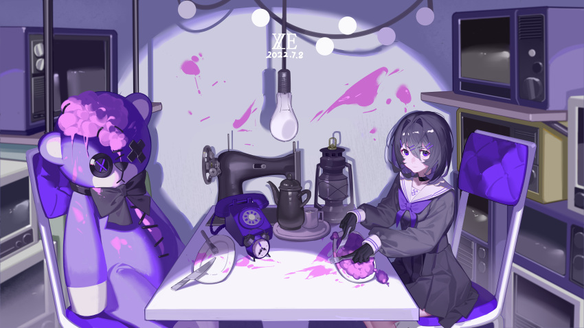1girl absurdres alarm_clock antique_phone artist_logo artist_self-insert bare_legs black_gloves black_hair black_serafuku blood blood_splatter brain button_eyes chair chinese_commentary clock commentary cup cutlery cutting dated empty_plate fork gloves hair_intakes highres holding holding_fork holding_knife knife lantern light_bulb looking_at_viewer microwave neckerchief on_chair original phone plate pleated_skirt purple_blood purple_eyes purple_neckerchief rotary_phone school_uniform serafuku sewing_machine sitting skirt stitched_face stitched_torso stitches stuffed_animal stuffed_toy teapot teddy_bear xe367