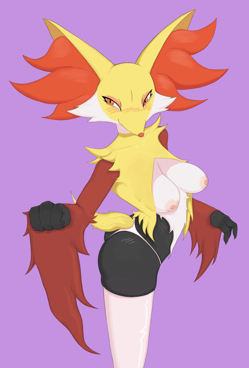 absurd_res anthro big_breasts blush breasts clothed clothing delphox female generation_6_pokemon hi_res legwear miliandpaint nintendo panties pokemon pokemon_(species) purple_background side_view simple_background solo thigh_highs topless underwear