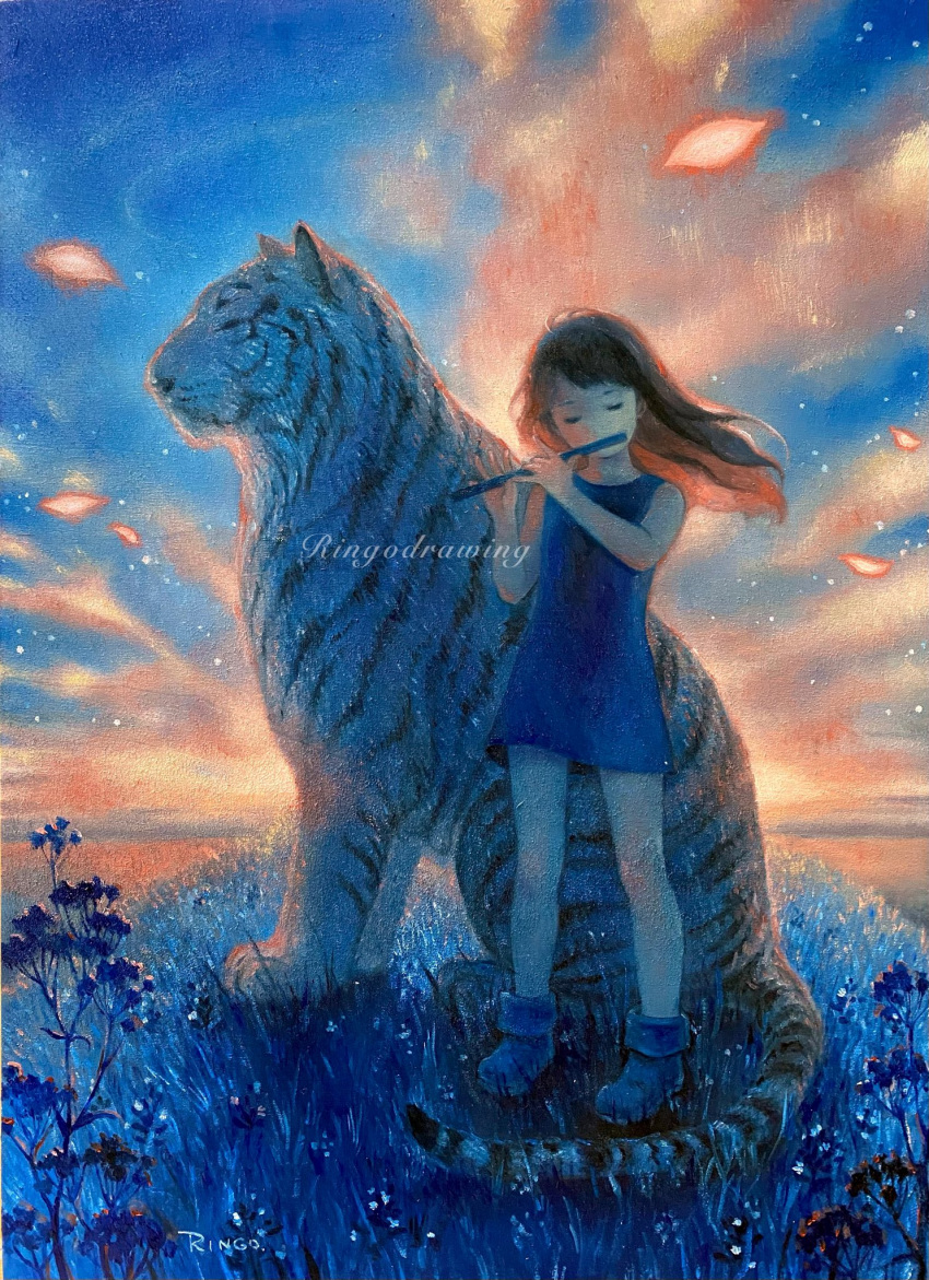 1girl black_hair blue_dress blue_footwear boots child closed_eyes cloud commentary_request dress floating_hair flower flute full_body grass highres instrument long_hair music oil_painting_(medium) original outdoors painting_(medium) petals playing_instrument ringodrawing sky sleeveless sleeveless_dress solo tiger traditional_media twilight white_tiger wind