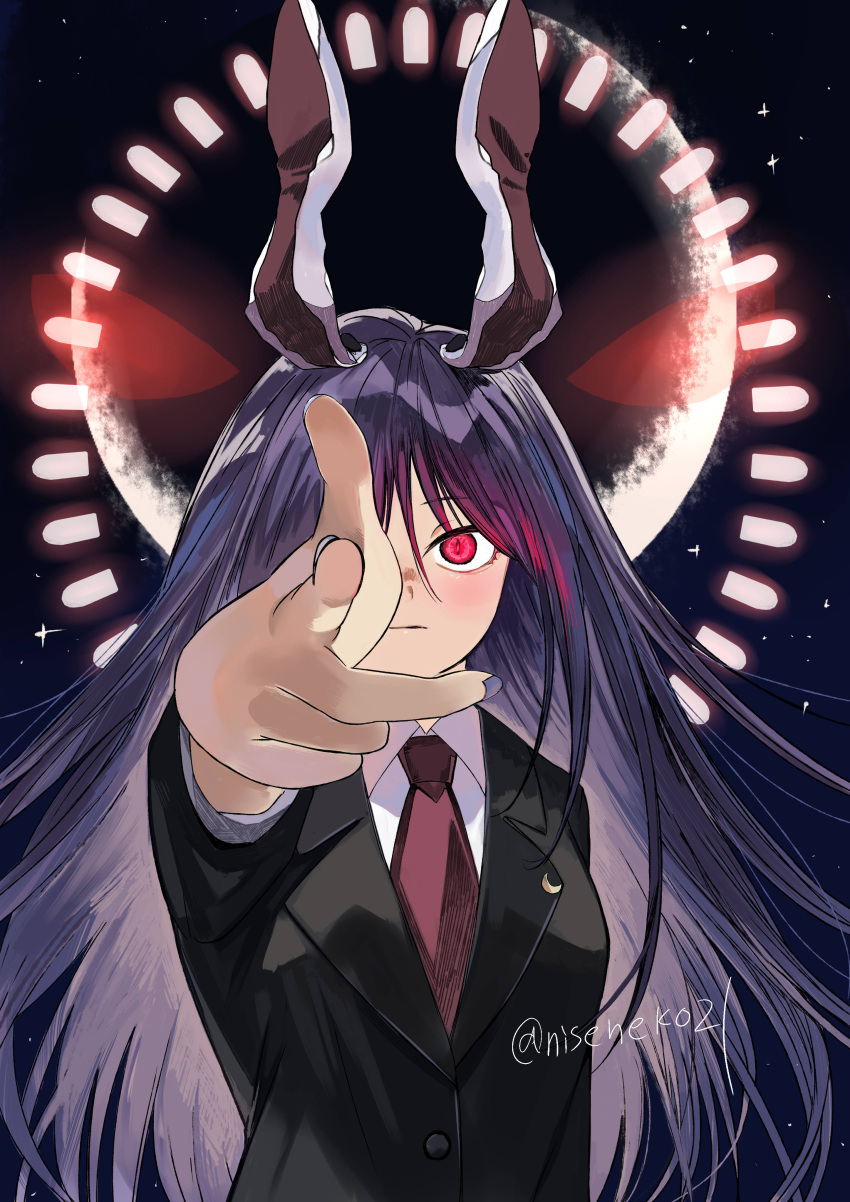 1girl absurdres animal_ears black_jacket blazer closed_mouth collared_shirt commentary_request commission danmaku highres jacket long_hair long_sleeves necktie niseneko_(mofumofu_ga_ienai) purple_hair rabbit_ears red_eyes red_necktie reisen_udongein_inaba shirt skeb_commission solo touhou upper_body white_shirt