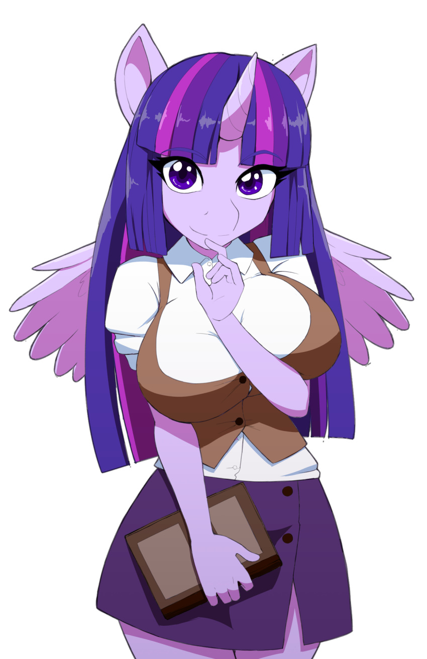 anthro big_breasts book bottomwear breast_squish breasts clothing equid equine female friendship_is_magic hasbro hi_res holding_object horn huge_breasts kojiro-brushard looking_at_viewer mammal my_little_pony skirt solo squish topwear twilight_sparkle_(mlp) vest winged_unicorn wings