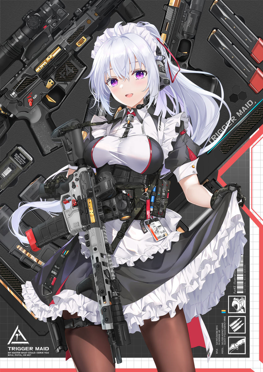 1girl ammunition_pouch assault_rifle black_gloves black_pantyhose blush breasts commentary_request cowboy_shot fatkewell frills gloves gun hair_between_eyes handgun headset highres holster id_card long_hair looking_at_viewer magazine_(weapon) maid maid_headdress open_mouth original pantyhose pouch purple_eyes rifle short_sleeves solo tactical_clothes teeth thigh_holster upper_teeth_only weapon weapon_request white_hair