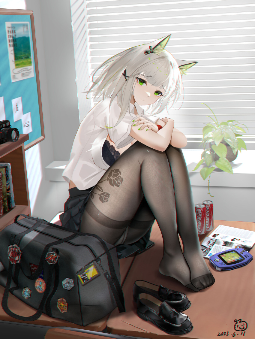 1girl absurdres animal_ear_fluff animal_ears arknights bag black_pantyhose bra breasts camera can cat_ears coca-cola collared_shirt floral_print green_eyes green_hair green_nails grey_hair handheld_game_console highres kal'tsit_(arknights) lace-trimmed_bra lace_trim long_hair looking_at_viewer panties panties_under_pantyhose pantyhose plant potted_plant sabou_san-shitsu_kokoro shirt shoes short_sleeves skirt soda_can solo thighband_pantyhose underwear white_hair