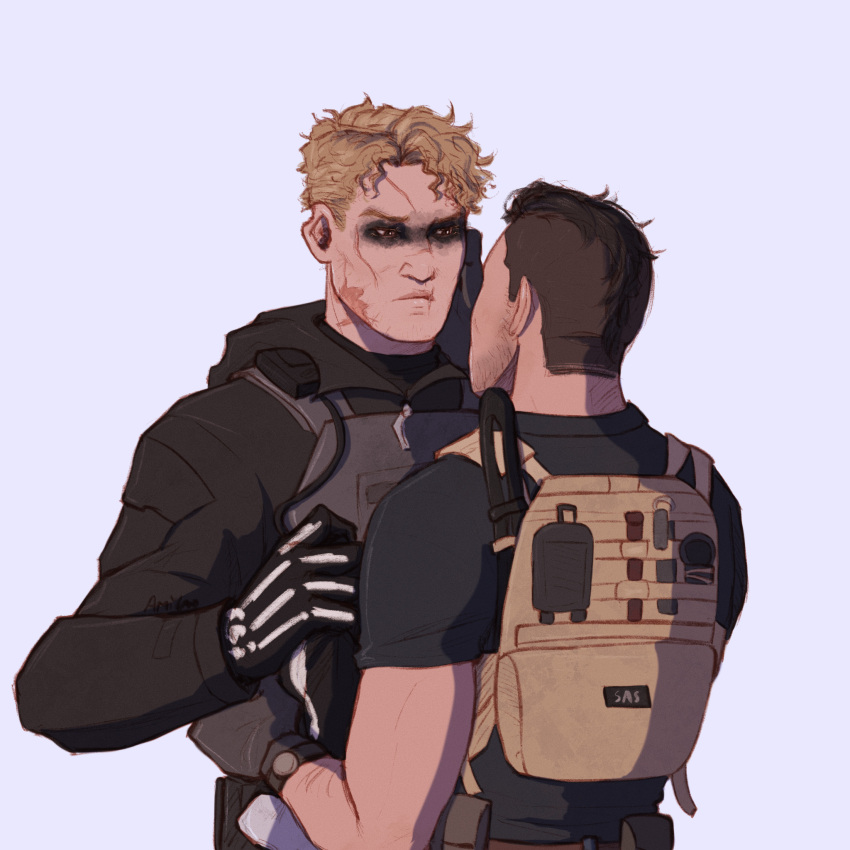 2boys amikoroyai arm_hair backpack bag bara beard_stubble black_gloves blonde_hair bone_print call_of_duty call_of_duty:_modern_warfare_2 couple facepaint ghost_(modern_warfare_2) gloves hand_on_another's_cheek hand_on_another's_face highres looking_at_another male_focus mature_male multiple_boys mustache_stubble no_mask short_hair sideburns soap_(modern_warfare_2) upper_body yaoi