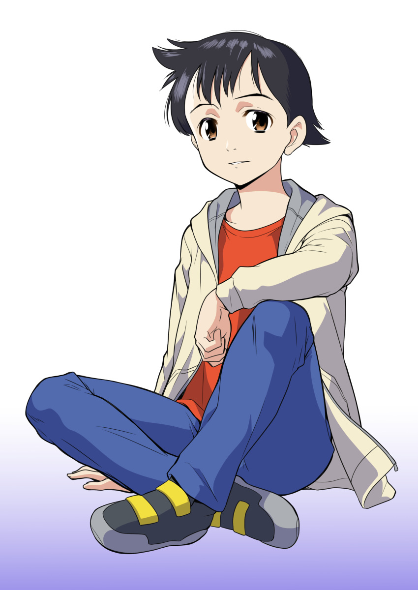 1boy absurdres android atom_(pluto) black_hair blue_pants brown_eyes commentary_request gradient_background happy highres kaneko_naoya looking_at_viewer pants pluto_(manga) red_shirt shirt short_hair sitting smile solo white_background