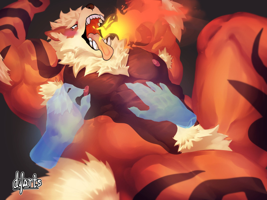 2023 abs absurd_res anthro arcanine areola armpit_hair barazoku biceps black_body black_fur blush body_hair breath_powers crotch_tuft digital_media_(artwork) disembodied_hand duo dylarts elemental_manipulation fire fire_breathing fire_manipulation fur generation_1_pokemon ghost_hands hi_res male muscular muscular_anthro muscular_male muscular_thighs nintendo nipple_fetish nipple_play nipples nude open_mouth orange_body orange_fur pecs pokemon pokemon_(species) quads tail teeth thick_thighs tongue tongue_out tuft