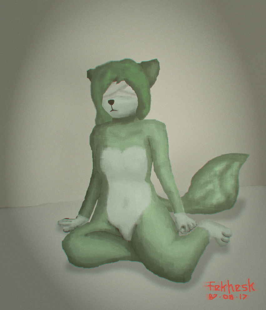 2023 absurd_res anthro blind blindfold breasts digital_media_(artwork) digital_painting_(artwork) featureless_breasts featureless_crotch fekhesk felid feline female fur green_body green_fur green_hair hair hi_res inside leaning looking_at_viewer looking_down mammal shaded signature sitting small_breasts solo