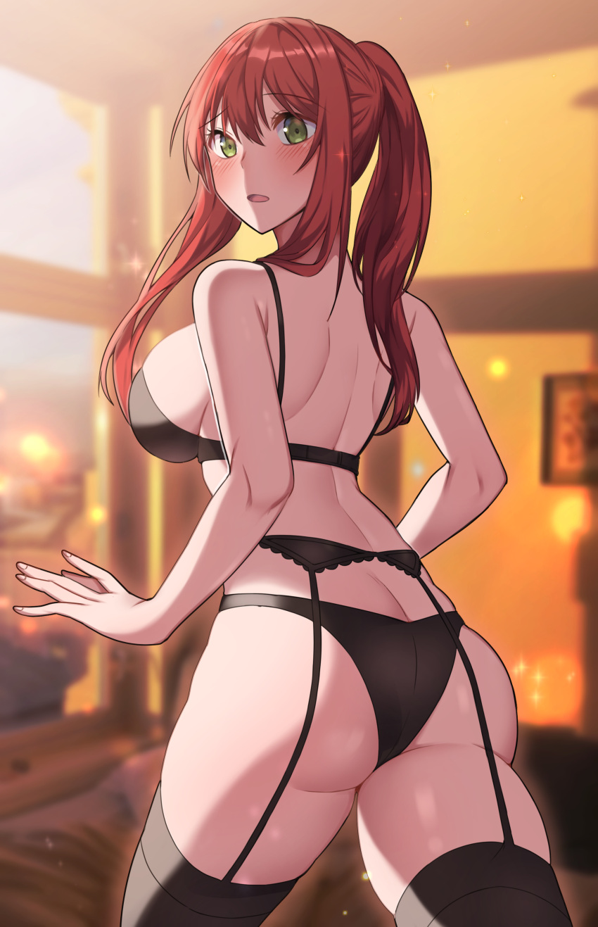 1girl absurdres arched_back ass back bare_arms bare_shoulders black_bra black_panties black_thighhighs blurry blurry_background blush bra breasts butt_crack catch_(artist) eyelashes fingernails garter_belt garter_straps green_eyes green_pupils hair_between_eyes highres indoors large_breasts long_hair maplestory open_mouth oz_(maplestory) panties ponytail red_hair sideboob solo thighhighs thighs underwear window
