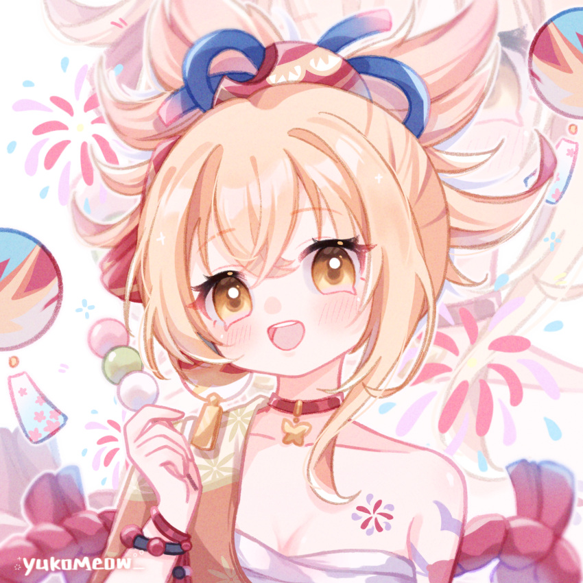 1girl blonde_hair blush bow bracelet breasts butterfly_choker chest_sarashi choker cleavage collarbone dango english_commentary eyelashes fantasy fireworks food genshin_impact hadanugi_dousa hair_ornament highres holding holding_food japanese_clothes jewelry kimono lantern looking_at_viewer medium_breasts medium_hair open_mouth orange_kimono ponytail red_bow red_choker rope sanshoku_dango sarashi shimenawa smile tattoo teeth upper_body upper_teeth_only wagashi white_background yellow_eyes yoimiya_(genshin_impact) yukomeow