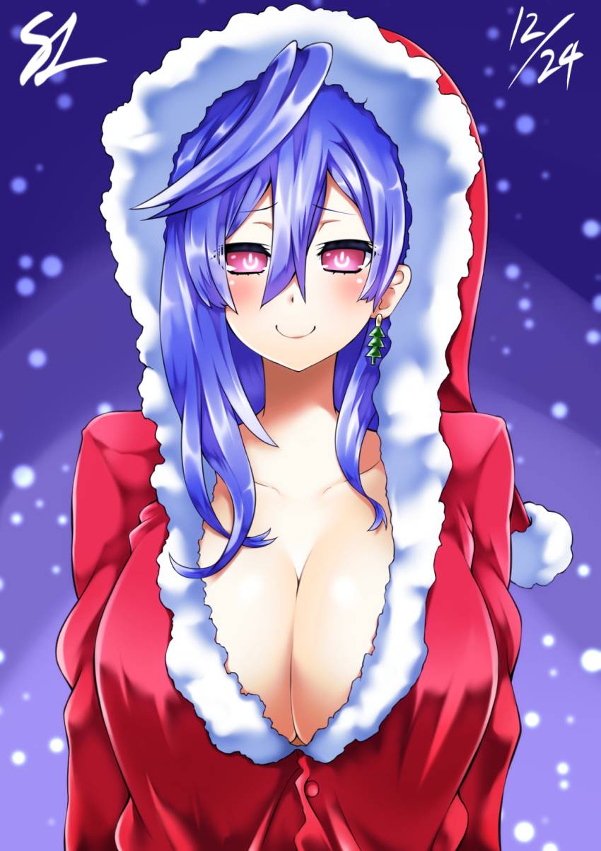 1girl blue_hair breasts christmas_tree_earrings happy hat highres iris_heart kami_jigen_game_neptune_v kurozero large_breasts long_hair looking_at_viewer neptune_(series) power_symbol red_eyes santa_costume santa_hat smile solo symbol-shaped_pupils upper_body very_long_hair