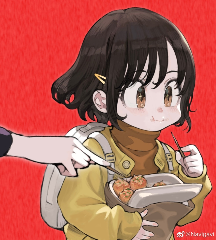 2girls :t backpack bag big_sister_(seojh1029) black_hair brown_eyes brown_sweater child curly_hair eating female_child food hair_ornament hairclip highres holding holding_bag holding_food jacket jun_(seojh1029) little_sister_(seojh1029) long_sleeves multiple_girls original paper_bag red_background short_hair siblings sisters solo_focus sweater takoyaki toothpick turtleneck turtleneck_sweater weibo_logo weibo_username white_bag yellow_jacket