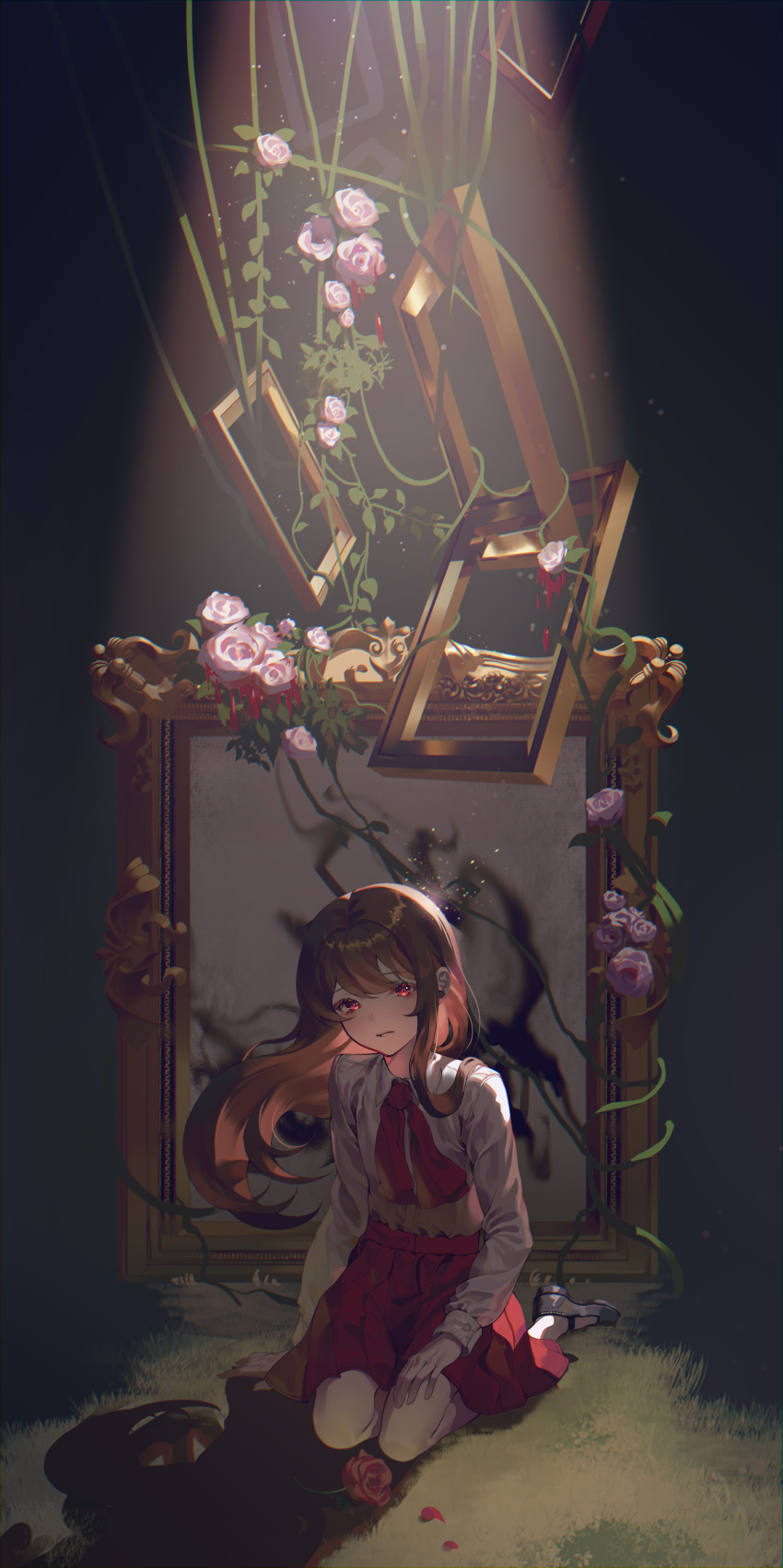 1girl absurdres brown_hair closed_mouth commentary flower highres ib ib_(ib) kneeling long_hair long_sleeves looking_at_viewer neck_ribbon picture_frame pink_flower pink_rose plant pleated_skirt ramingbera red_eyes red_ribbon red_skirt ribbon rose shirt shirt_tucked_in skirt solo spotlight vines white_shirt