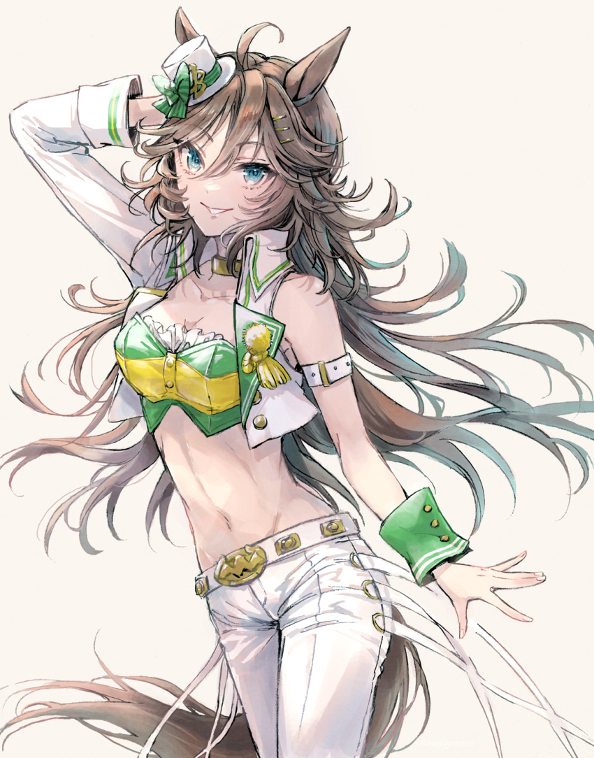 1girl ahoge animal_ears arm_strap arm_up breasts brown_hair choker cleavage collarbone commentary_request cowboy_shot green_eyes green_shirt groin hair_between_eyes hair_ornament hairclip hat highres horse_ears horse_girl horse_tail jacket long_hair long_sleeves looking_at_viewer medium_breasts midriff mini_hat mini_top_hat mr._c.b._(umamusume) navel open_clothes open_jacket pants parted_lips shirt sidelocks single_bare_shoulder single_sleeve skm_(hapigonoco) smile solo standing strapless strapless_shirt tail top_hat umamusume white_headwear white_jacket white_pants wrist_cuffs yellow_choker