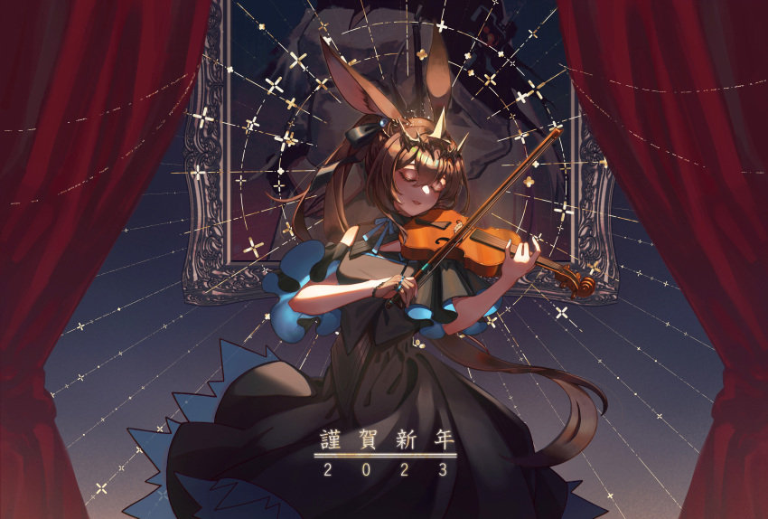 1girl 2023 absurdres amiya_(arknights) animal_ears arknights black_dress black_ribbon blue_ribbon bow_(music) brown_hair closed_eyes colored_eyelashes detached_collar dress hair_between_eyes highres holding holding_bow_(music) holding_instrument instrument long_hair moyun music open_mouth picture_frame playing_instrument rabbit_ears red_curtains ribbon solo translation_request very_long_hair violin
