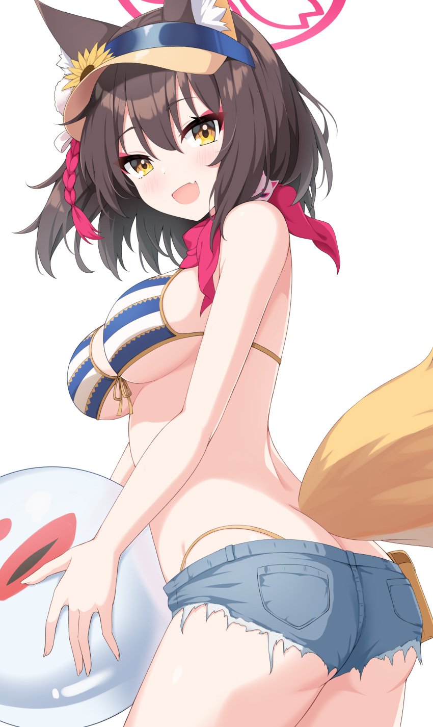 1girl absurdres animal_ears ball beachball bikini bikini_under_shorts blue_archive blush breasts brown_hair cutoffs denim denim_shorts eyeshadow fang fox_ears fox_tail front-tie_bikini_top front-tie_top halo hayana_neru highres holding holding_ball holding_beachball izuna_(blue_archive) izuna_(swimsuit)_(blue_archive) looking_at_viewer looking_to_the_side makeup medium_breasts official_alternate_costume red_eyeshadow short_shorts shorts simple_background skin_fang solo striped striped_bikini swimsuit tail underboob visor_cap white_background