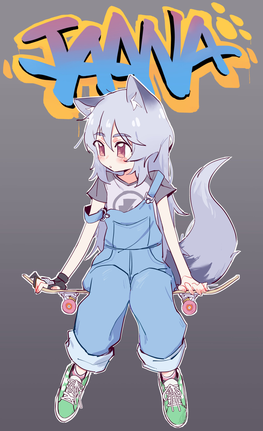 1girl absurdres animal_ears black_gloves blue_overalls character_name commentary commission eds english_commentary fingerless_gloves fox_ears fox_girl fox_tail gloves green_footwear grey_background grey_hair grey_shirt highres jaana_kettu original overalls red_eyes shirt shoes short_sleeves simple_background single_glove skateboard solo t-shirt tail