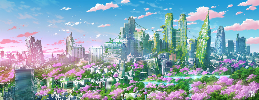 abandoned absurdres blue_sky building cherry_blossoms city cloud commentary_request highres lake nature no_humans original outdoors overgrown plant post-apocalypse ruins scenery sky skyscraper sunset tokyogenso vines water