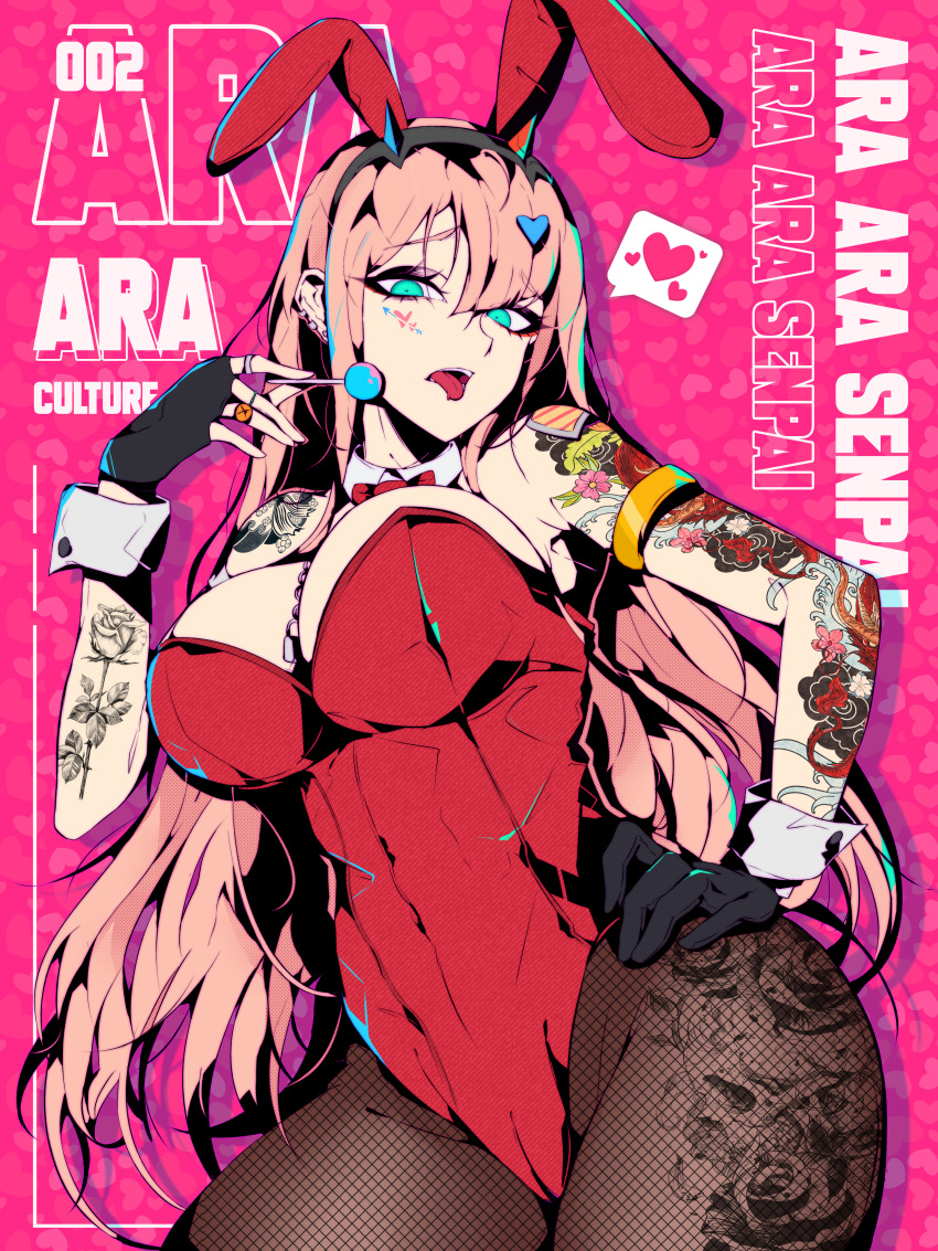 1girl absurdres animal_ears arm_tattoo armlet arrow_through_heart asymmetrical_gloves black_gloves bow bowtie breasts candy collar covered_navel cowboy_shot darling_in_the_franxx defaultz detached_collar ear_piercing earrings fake_animal_ears fingerless_gloves fishnet_pantyhose fishnets flower flower_tattoo food gloves green_eyes hair_ornament heart heart_background heart_hair_ornament highres holding holding_candy holding_food holding_lollipop horns jewelry leotard lollipop long_hair medium_breasts mismatched_gloves multicolored_horns pantyhose piercing pink_background pink_hair playboy_bunny rabbit_ears red_bow red_bowtie red_leotard ring rose single_fingerless_glove skull_tattoo spoken_heart tattoo tongue tongue_out white_collar white_wrist_cuffs zero_two_(darling_in_the_franxx)