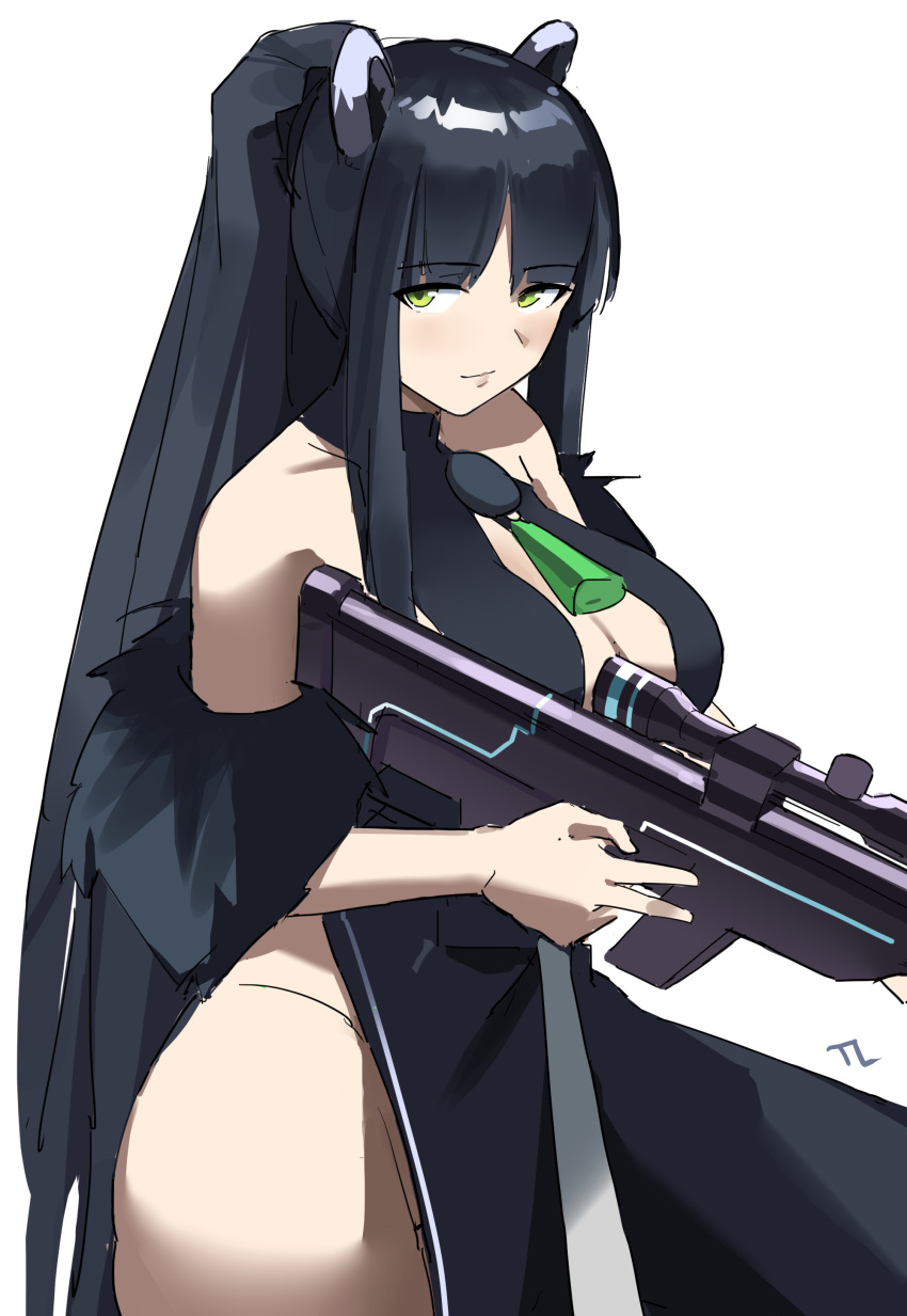 1girl absurdres animal_ear_fluff animal_ears bare_shoulders black_dress black_hair blue_archive blush breasts cleavage collarbone covered_collarbone dress fur_trim green_eyes gun high_ponytail highres holding holding_gun holding_weapon medium_breasts open_mouth parted_lips ponytail shun_(blue_archive) smile solo t-lex upper_body weapon white_background