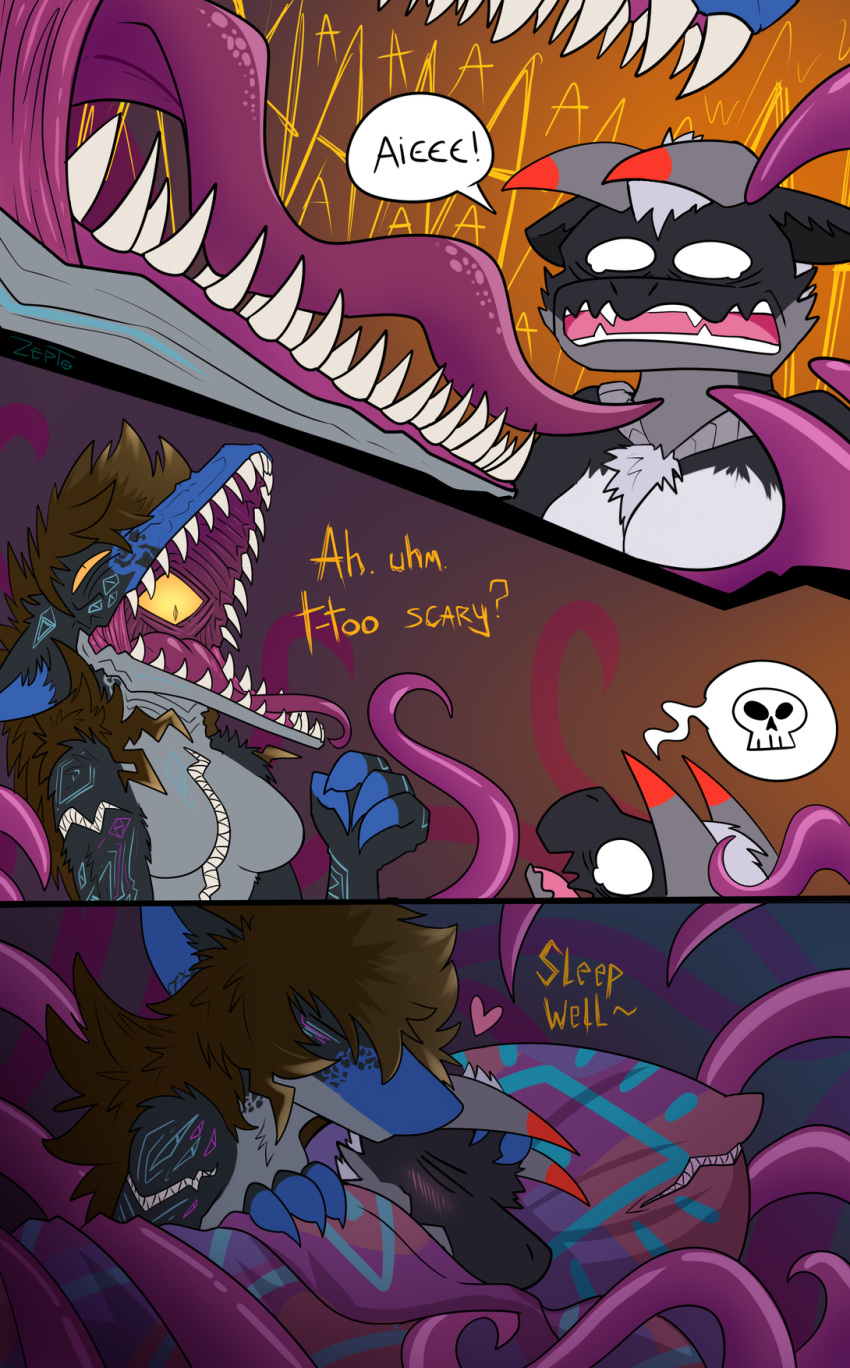 &lt;3 aethel_(lupus_impetum) ambiguous_gender animate_inanimate anthro capcom comic dialogue duo eye_in_mouth fanged_wyvern female hi_res kissing love mimic monster_hunter mouth_on_chest passing_out scary scary_face speech_bubble sundeipne_(zeptophidia) tentacle_monster tentacles unconscious unconscious_male zeptophidia zinogre