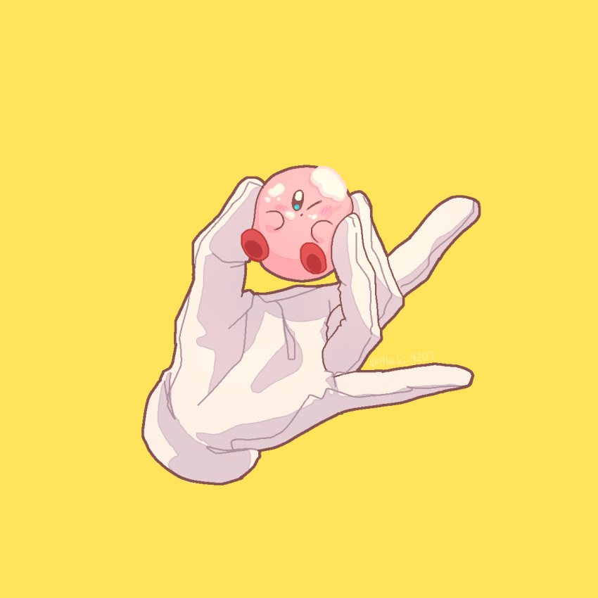 amedama_(akaki_4207) blush_stickers colored_skin commentary creature disembodied_limb food food_on_face highres holding kirby kirby's_dream_buffet kirby_(series) no_humans one_eye_closed pink_skin simple_background solid_oval_eyes symbol-only_commentary yellow_background