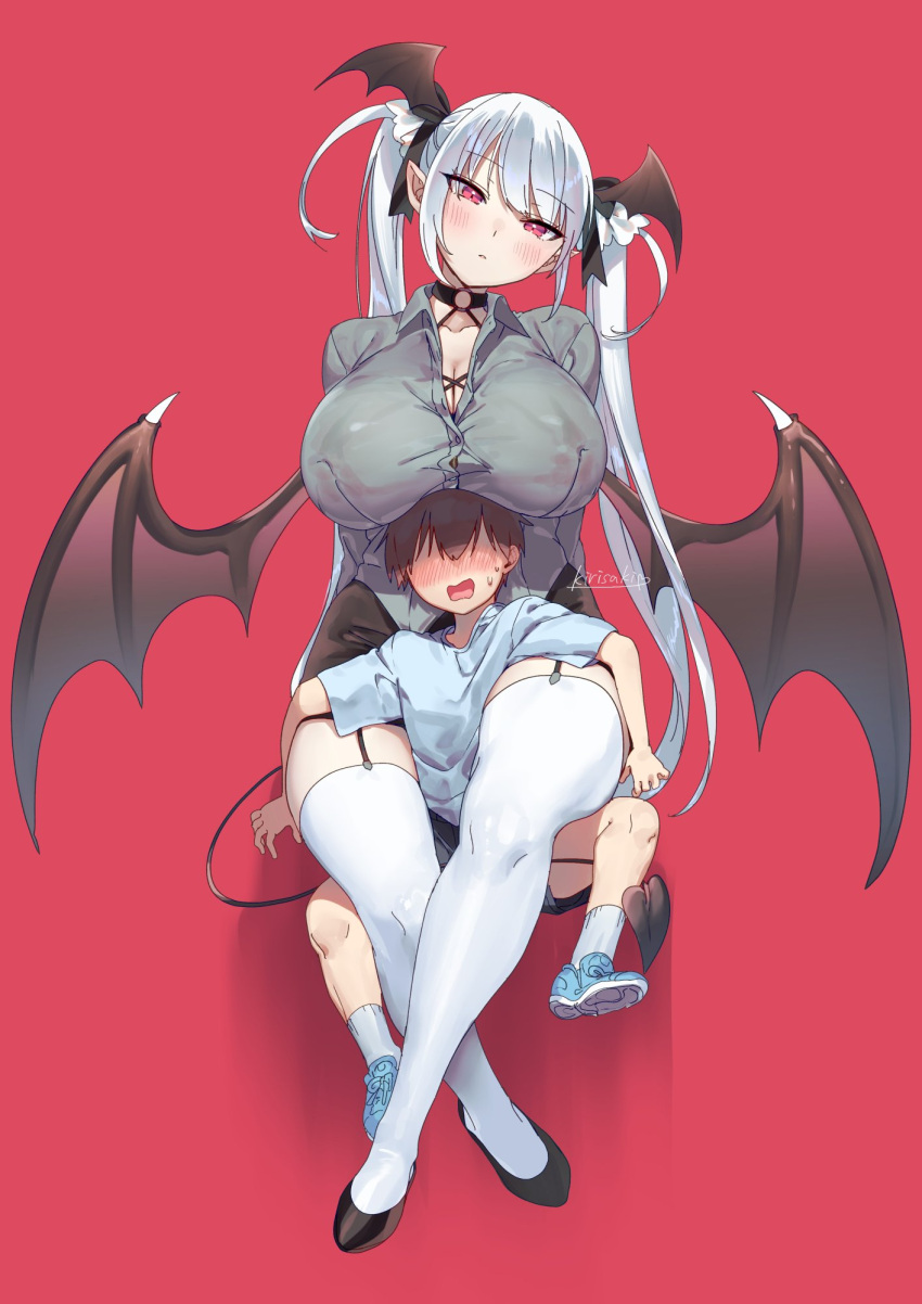 1boy 1girl age_difference between_legs between_thighs black_footwear black_ribbon black_skirt black_wings blue_footwear blue_shorts blush breast_rest breasts breasts_on_head brown_hair cleavage collared_shirt demon_girl demon_tail demon_wings faceless faceless_male full_body garter_straps grey_shirt hair_ribbon head_wings highres invisible_chair kirisaki_shuusei large_breasts leg_lock long_hair looking_at_viewer onee-shota open_mouth original pencil_skirt person_between_thighs pink_eyes pointy_ears red_background ribbon shirt shoes short_hair shorts signature simple_background sitting size_difference skirt sneakers sweat t-shirt tail thighhighs twintails very_long_hair white_hair white_thighhighs wings zettai_ryouiki