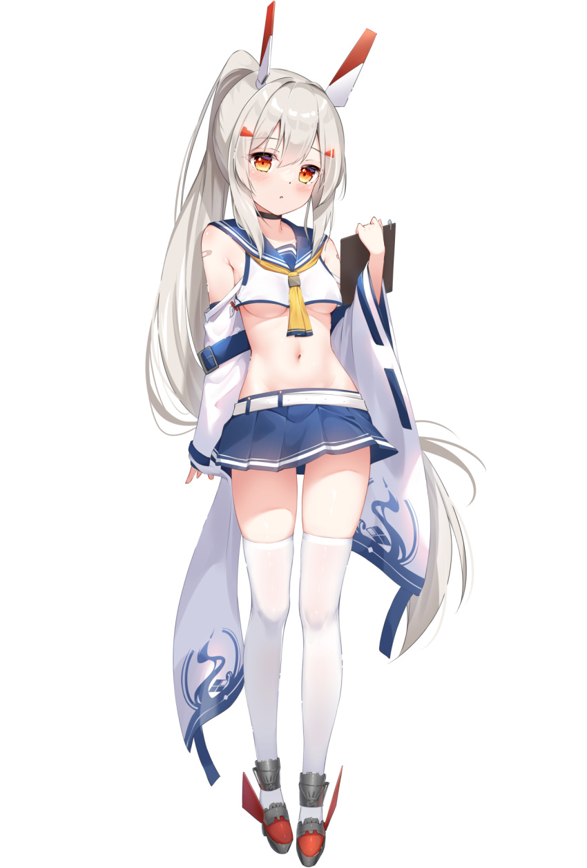 1girl arm_behind_back ayanami_(azur_lane) ayanami_(retrofit)_(azur_lane) azur_lane bandaid bandaid_on_arm bandaid_on_shoulder bare_shoulders blonde_hair blue_skirt blush breasts crop_top detached_sleeves full_body groin hair_between_eyes hair_ornament hairclip hand_up headgear highres holding legs long_hair looking_at_viewer midriff miniskirt navel neckerchief no_bra open_mouth orange_hair parted_lips pleated_skirt ponytail red_eyes retrofit_(azur_lane) rudder_footwear sailor_collar school_uniform serafuku shirt sironora skindentation skirt solo standing thighhighs thighs underboob very_long_hair white_shirt wide_sleeves yellow_neckerchief