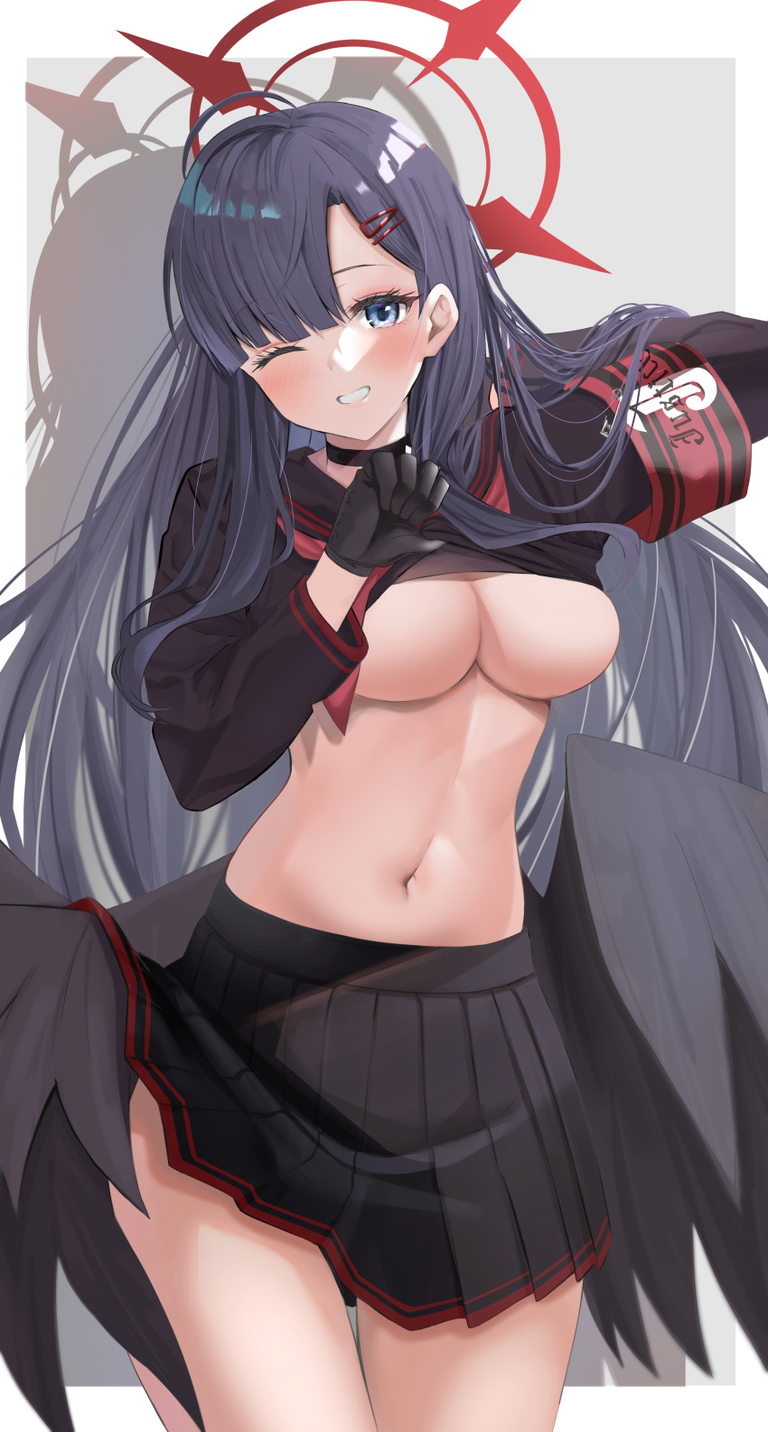 1girl absurdres armband black_hair black_sailor_collar black_serafuku black_skirt black_wings blue_archive blush breasts cowboy_shot feathered_wings grey_eyes halo highres ichika_(blue_archive) large_breasts long_hair long_sleeves looking_at_viewer low_wings navel neckerchief one_eye_closed open_mouth pleated_skirt red_armband red_halo red_neckerchief safety_pin sailor_collar school_uniform serafuku skirt smile solo toratora_(nanahaba) underboob wings