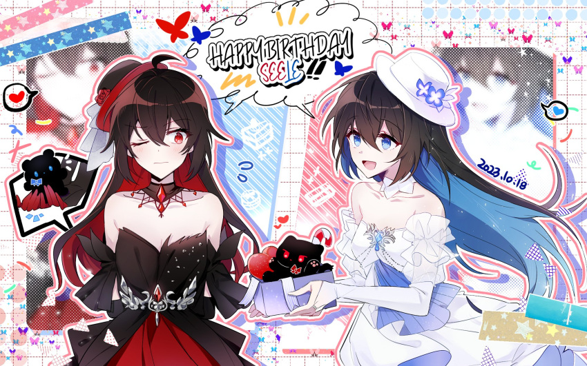 2girls 6_(yuchae) alternate_costume bare_shoulders black_dress black_hair black_headwear box character_name colored_inner_hair dated dress gift happy_birthday hat heart highres honkai_(series) honkai_impact_3rd korean_commentary multicolored_hair multiple_girls one_eye_closed open_mouth red_eyes red_hair seele_(alter_ego) seele_vollerei seele_vollerei_(herrscher_of_rebirth) seele_vollerei_(starchasm_nyx) upper_body white_dress white_headwear