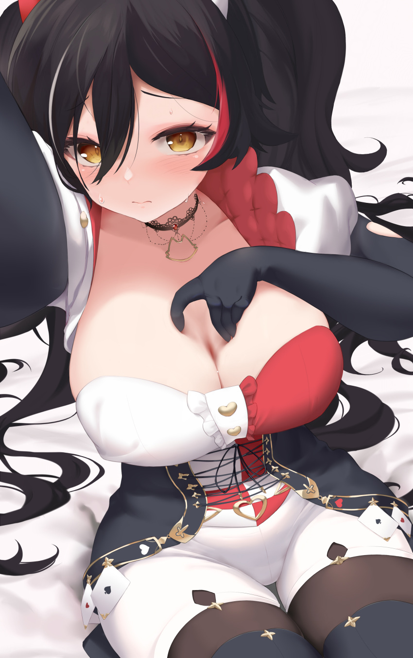 1girl absurdres black_hair blush breasts card choker cleavage cross-laced_clothes cross-laced_dress gloved_sleeves hair_between_eyes hair_ornament highres hololive hololive_gamers lace lace_choker large_breasts looking_at_viewer multicolored_hair ookami_mio ookami_mio_(6th_costume) pantyhose playing_card queen_(playing_card) queen_of_hearts_(playing_card) red_hair shorts sitting solo spread_cleavage streaked_hair sweat twintails virtual_youtuber xiaodong327399 yellow_eyes