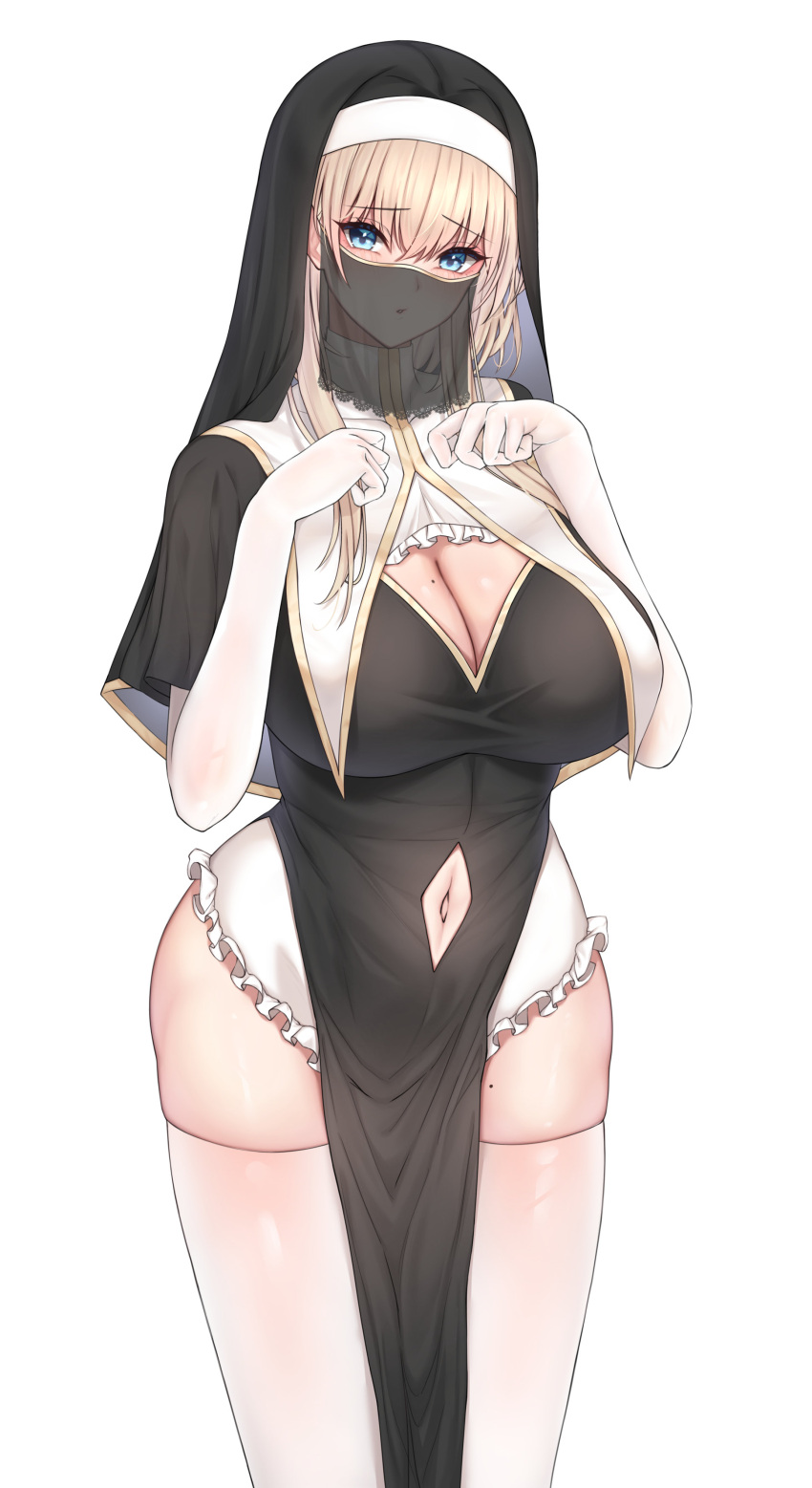 1girl absurdres asm_ln black_headwear blonde_hair blue_eyes blush breasts cleavage clothing_cutout commentary_request elbow_gloves gloves hands_up highres large_breasts looking_at_viewer mole mole_on_breast mouth_veil navel navel_cutout nun original see-through simple_background solo thighhighs thighs veil white_background white_gloves white_thighhighs