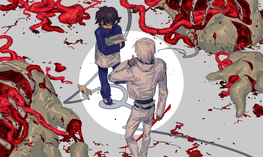 2boys ash_(ash_proc) belt black_belt black_shirt blood blood_splatter blood_trail blue_jacket blue_pants brown_hair corpse creature dark-skinned_male dark_skin dripping facing_another from_above goggles high_collar highres holding holding_paper holding_sword holding_weapon jacket kekkai_sensen leonardo_watch long_sleeves looking_to_the_side male_focus monster multicolored_clothes multicolored_jacket multiple_boys object_hug open_mouth orange-tinted_eyewear organs pants paper ribs shirt shoes short_hair smoke_trail sneakers sonic_speed_monkey standing sweatdrop sword tinted_eyewear weapon white_hair white_jacket white_pants zap_renfro