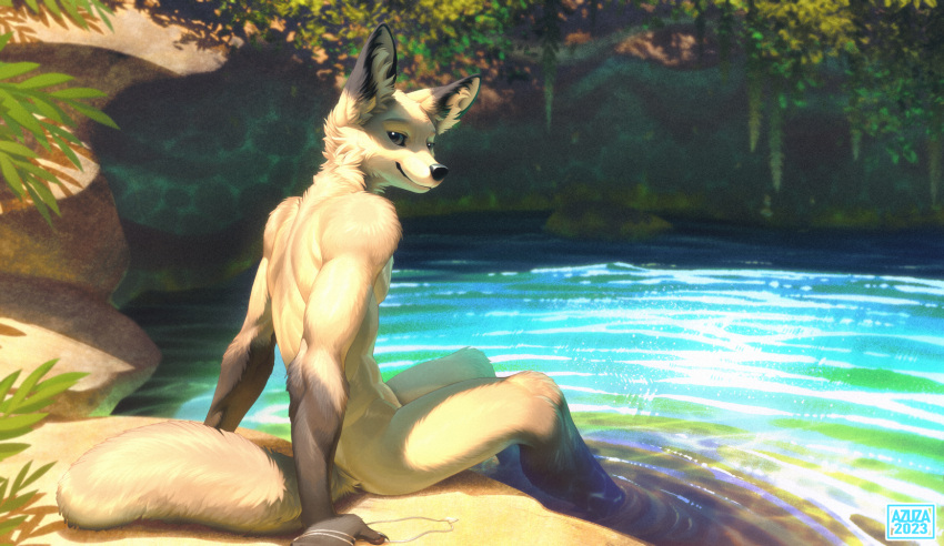2023 abs anthro athletic athletic_male azuza back_muscles canid canine day detailed_background dipstick_ears fox fur gloves_(marking) hi_res inner_ear_fluff looking_at_viewer male mammal markings multicolored_ears nude outside partially_submerged plant pond sitting solo tan_body tan_fur tuft water