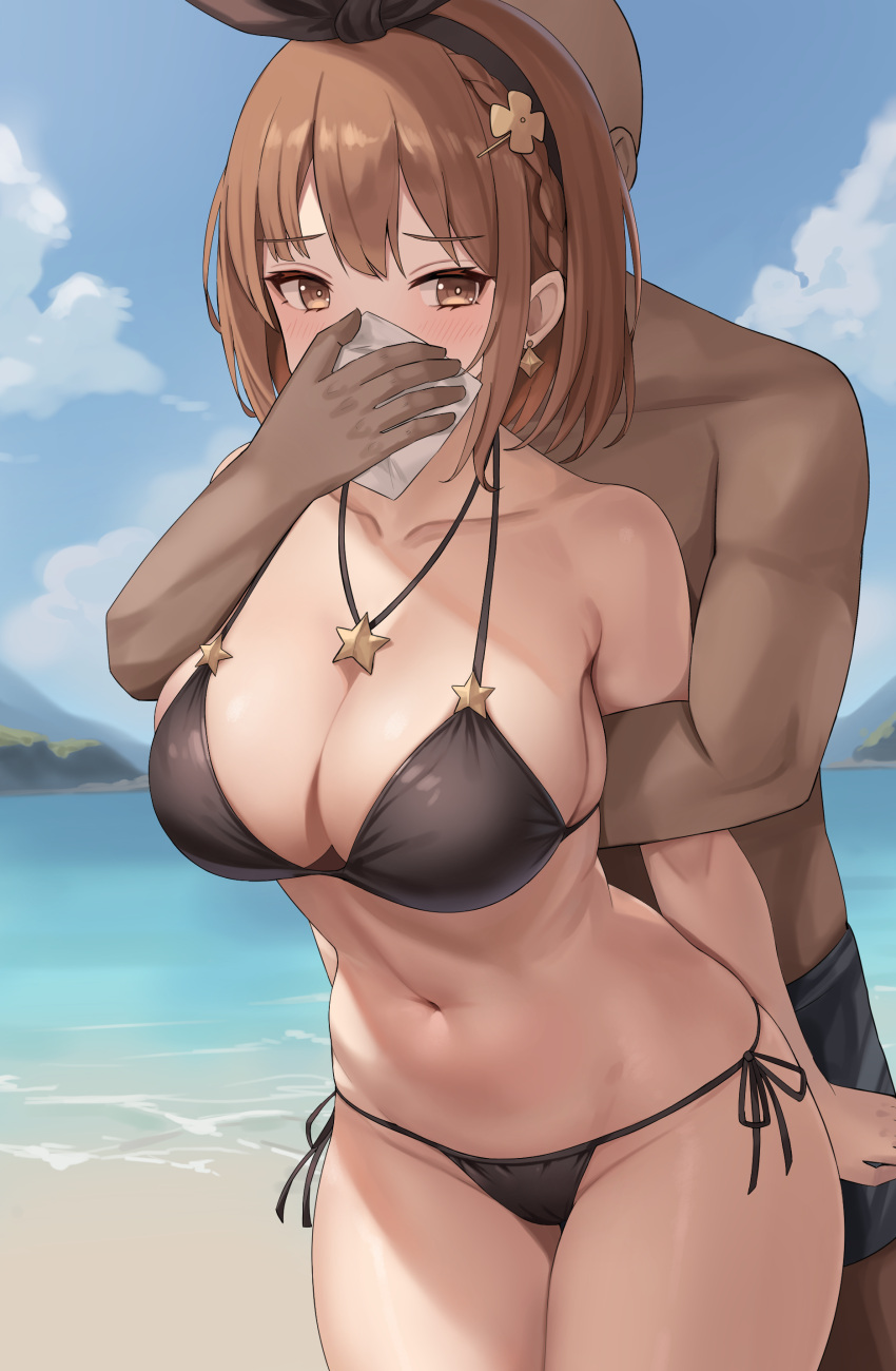 1boy 1girl absurdres atelier_(series) atelier_ryza atelier_ryza_1 beach bikini black_bikini black_hairband black_male_swimwear blue_sky braid breasts brown_eyes brown_hair chloroform cleavage cloud collarbone covering_mouth dangle_earrings dark-skinned_male dark_skin earrings grabbing grabbing_from_behind hair_ornament hairband hairpin hand_over_another's_mouth highres holding_cloth jewelry kidnapping large_breasts male_swimwear memmemme navel necklace ocean outdoors reisalin_stout restrained short_hair side-tie_bikini_bottom sky star_(symbol) star_earrings star_necklace swimsuit