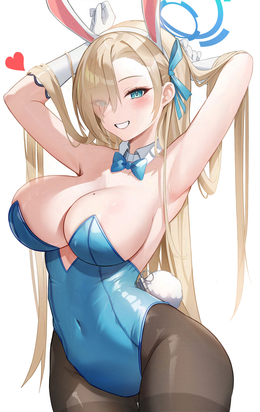 1girl absurdres animal_ears aqua_leotard armpits arms_behind_head asuna_(blue_archive) asuna_(bunny)_(blue_archive) asymmetrical_bangs b_grade blue_archive blue_bow blue_bowtie blue_leotard bow bowtie breasts detached_collar fake_animal_ears halo heart highres large_breasts leotard light_brown_hair long_hair mole mole_on_breast official_alternate_costume pantyhose playboy_bunny rabbit_ears simple_background spoken_heart strapless strapless_leotard thighband_pantyhose traditional_bowtie white_background