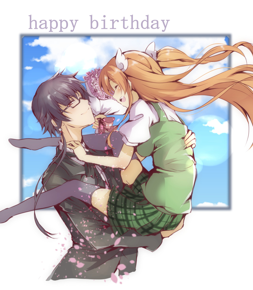 1boy 1girl ^_^ birthday black_hair black_suit black_thighhighs blue_sky blush bouquet breasts brother_and_sister ca2la closed_eyes closed_mouth cloud commentary_request cowboy_shot english_text eyes_visible_through_hair facing_another feet_out_of_frame floating_hair flower green_shirt green_skirt hair_between_eyes half-closed_eyes happy happy_birthday highres holding holding_bouquet hug impossible_clothes lens_flare lips long_hair looking_at_another medium_breasts miniskirt no_shoes ootori_chihaya ootori_sakuya open_mouth orange_hair plaid plaid_skirt pleated_skirt profile puffy_short_sleeves puffy_sleeves purple_flower red_eyes rewrite school_uniform shirt short_sleeves siblings sidelocks simple_background skirt sky smile standing straight_hair suit teeth thighhighs two_side_up upper_teeth_only very_long_hair white_background white_shirt wing_hair_ornament zettai_ryouiki