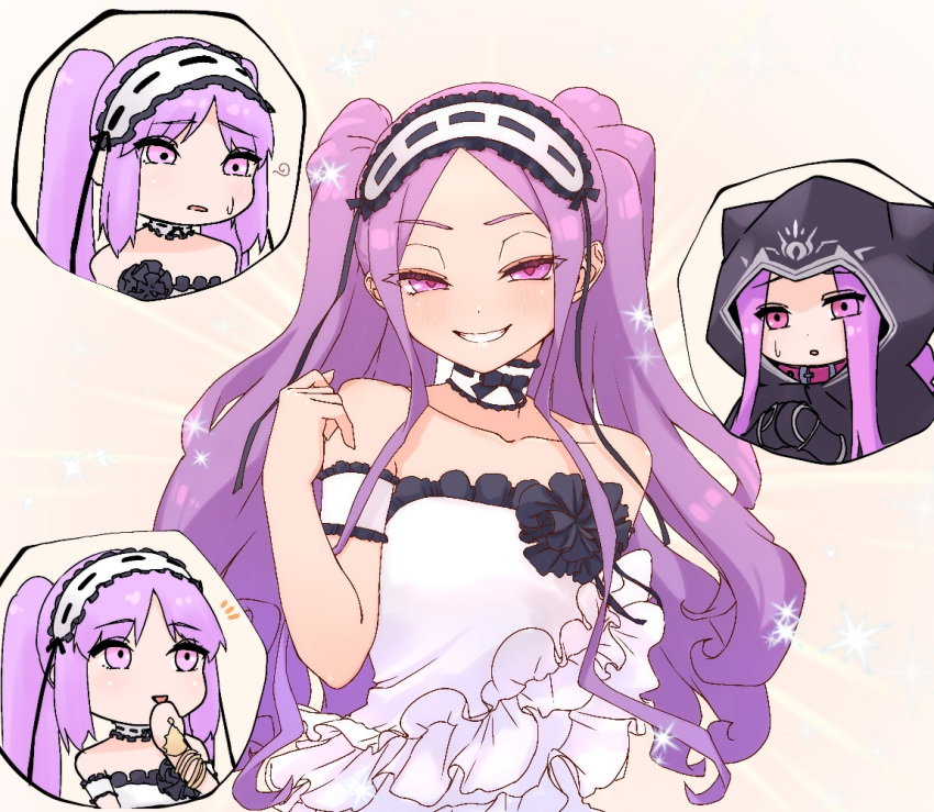 4girls black_gloves cloak collar cosplay dress euryale_(fate) fate/grand_order fate_(series) frilled_hairband frills gloves hairband hood hooded_cloak long_hair medusa_(fate) medusa_(lancer)_(fate) multiple_girls niwaikanai purple_eyes purple_hair smile sparkle stheno_(fate) stheno_(fate)_(cosplay) strapless strapless_dress twintails white_dress wu_zetian_(fate)