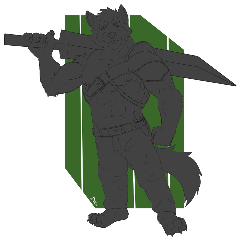 absurd_res armor canid canine canis clothing drexotter hi_res male mammal melee_weapon standing sword weapon wolf