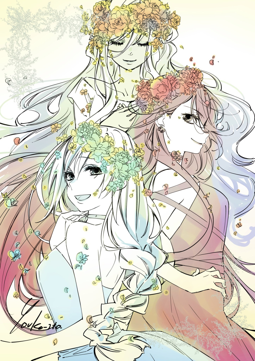 akira_ferrari alicia_florence aria athena_glory braid closed_eyes dress falling_petals head_wreath highres itou_youko petals signature smile