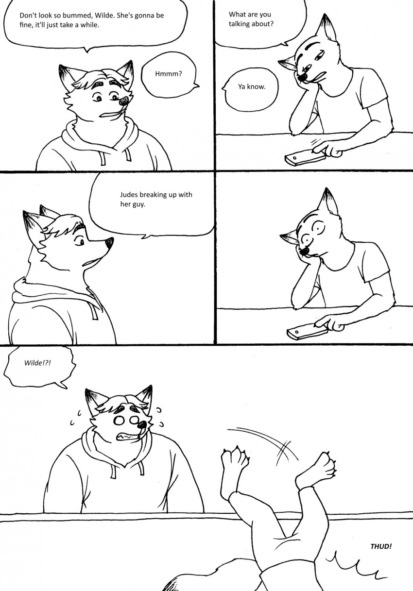 2023 4_fingers 4_toes anthro barefoot bernielover bernielover's_college_au canid canine cellphone claws clothed clothing comic dialogue disney duo english_text falling feet finger_claws fingers fox fur gideon_grey hair hi_res hindpaw hoodie male mammal nick_wilde paws phone shirt shocked smartphone speech_bubble t-shirt text toe_claws toes topwear wide_eyed zootopia
