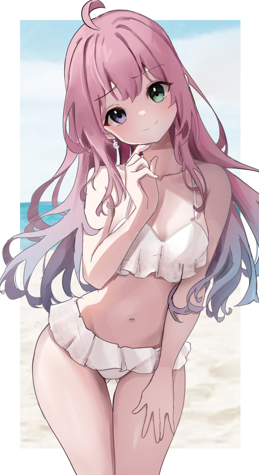 1girl absurdres ahoge beach bikini breasts closed_mouth collarbone crescent crescent_earrings day dot_nose earrings frilled_bikini frills gradient_hair green_eyes hand_up head_tilt heterochromia highres himemori_luna hololive jewelry long_hair multicolored_hair outdoors pink_hair purple_eyes purple_hair scarlet_(wv0102) small_breasts smile solo swimsuit thighs virtual_youtuber white_bikini