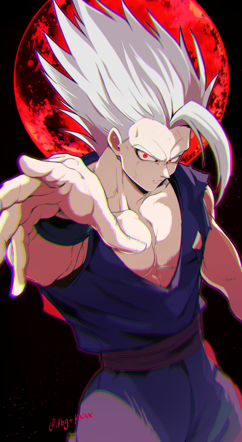 1boy absurdres artist_name bb_m0024 black_background black_wristband closed_mouth collarbone commentary_request dougi dragon_ball dragon_ball_super dragon_ball_super_super_hero full_moon gohan_beast grey_hair hand_up highres looking_at_viewer male_focus moon muscular muscular_male pectorals purple_sash red_eyes red_moon sash serious short_hair solo son_gohan spiked_hair torn_clothes twitter_username v-shaped_eyebrows wristband