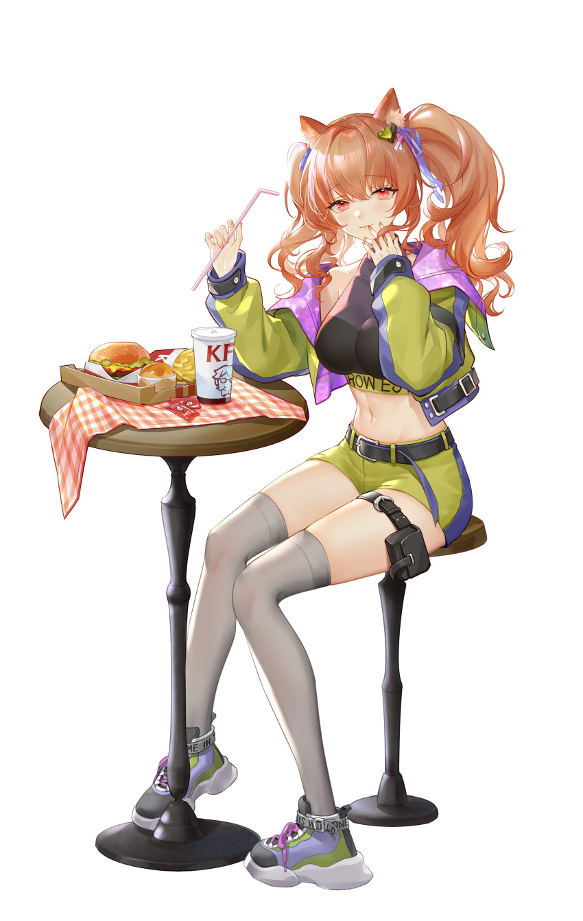 1girl absurdres alternate_costume angelina_(arknights) animal_ears arknights belt black_belt black_shirt brown_eyes brown_hair burger commentary_request crop_top cup disposable_cup drinking_straw food fox_ears grey_thighhighs highres huangbanmimi jacket kfc long_hair looking_at_viewer midriff navel off_shoulder open_clothes open_jacket shirt shoes short_shorts shorts simple_background single_bare_shoulder sitting sneakers solo stomach table thighhighs thighs twintails white_background yellow_jacket yellow_shorts