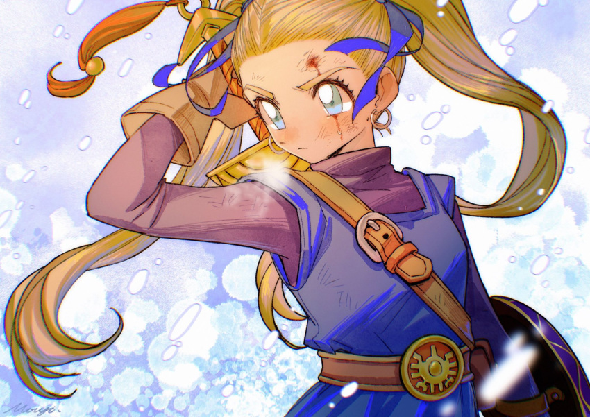 1girl belt blonde_hair blue_eyes blue_ribbon blue_tunic blurry blurry_foreground breasts brown_gloves brown_shirt buckler dirty dirty_face dragon_quest dragon_quest_builders_2 female_builder_(dqb2) furrowed_brow gloves hair_pulled_back hair_ribbon highres holding holding_sword holding_weapon injury long_hair long_sleeves medium_breasts mouyi ribbon shield shirt snowing solo sword turtleneck twintails upper_body weapon weapon_on_back