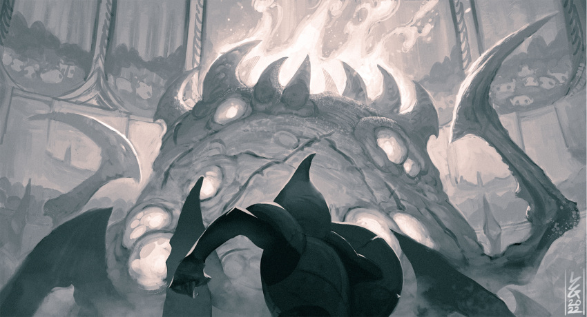 2022 ambiguous_form ambiguous_gender arena armor ashenhare audience breastplate detailed_background duo_focus fight fighting_pose fire fog foreshortening glowing group headgear helmet hi_res holding_object holding_shield hollow_knight huge_claws large_group larger_ambiguous mawlek monochrome monster pose shield silhouette size_difference smaller_ambiguous spaulder standing team_cherry the_infection_(hollow_knight) tiso_(hollow_knight) warrior