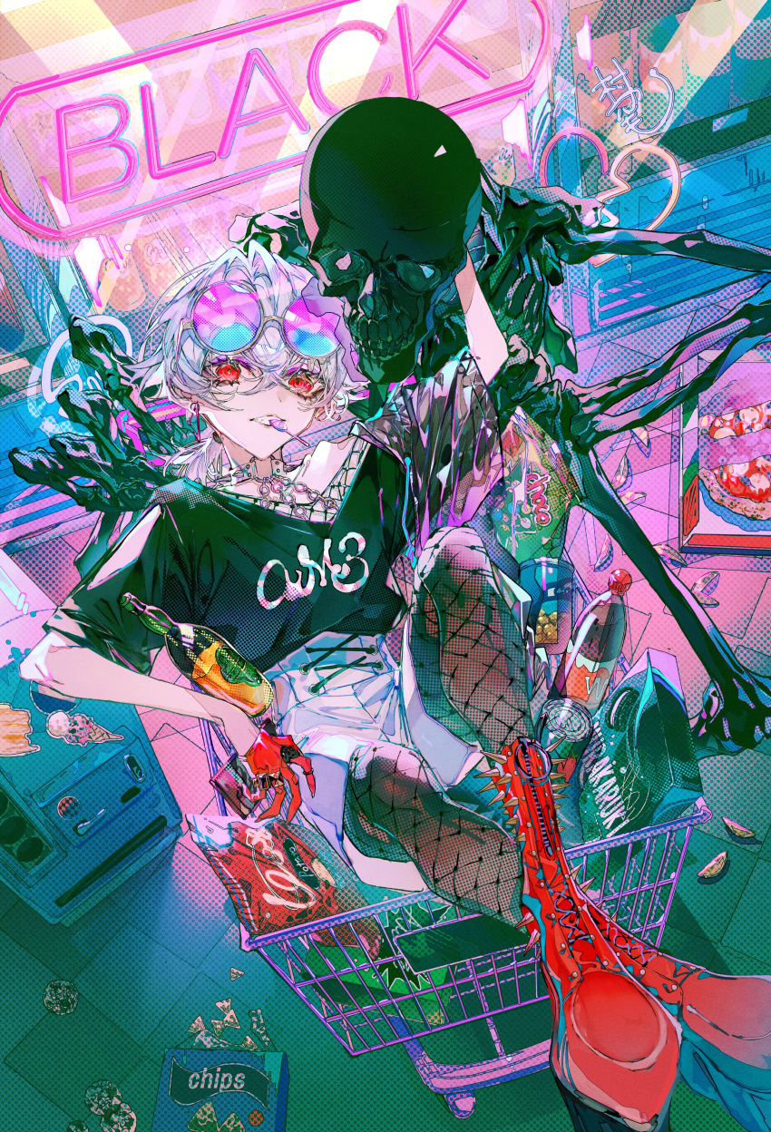 1boy absurdres black_shirt boots candy chips_(food) chromatic_aberration clenched_teeth earrings eyewear_on_head fishnet_pantyhose fishnets floor food gloves hair_between_eyes half_gloves highres indoors jewelry lollipop long_hair male_focus multiple_rings mura_karuki original pantyhose pizza pizza_box ponytail purple-tinted_eyewear red_eyes red_footwear red_gloves ring round_eyewear shirt short_sleeves shorts sitting skeleton snack soda solo sunglasses teeth tinted_eyewear white_hair white_shorts