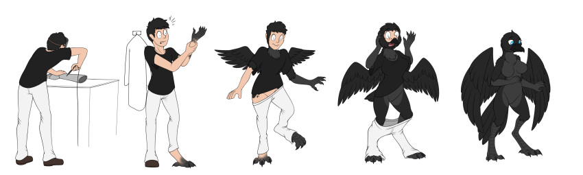 animal_humanoid anthro avian avian_humanoid beak beak_growth big_breasts bird black_body black_feathers blue_eyes breast_growth breasts clothed clothing colored corvid corvus_(genus) feathers female gender_transformation growth hi_res human humanoid male mammal mtf_transformation oscine passerine raven sequence solo species_transformation surprised_expression tomek1000 transformation wing_growth wings