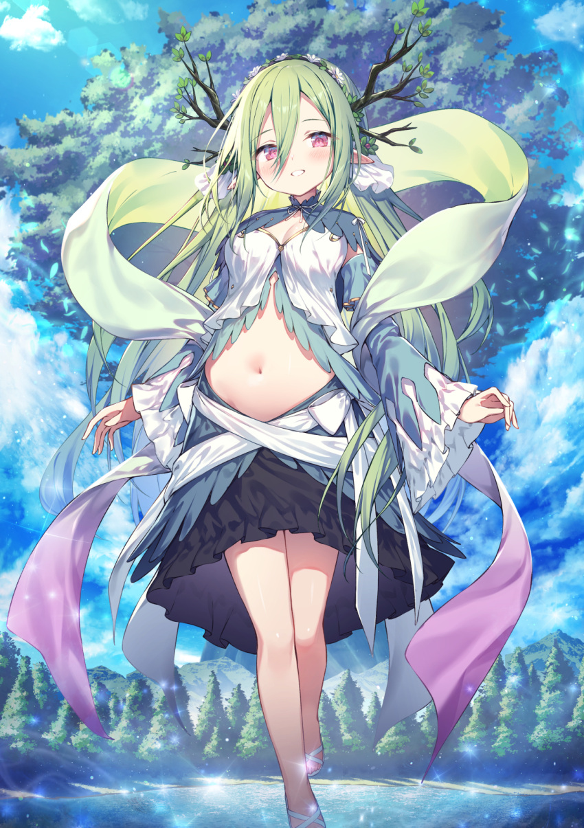 1girl antlers bare_legs black_skirt blue_sky blush breasts cleavage cloud commentary_request day detached_sleeves fantasy floating forest full_body giant_tree green_hair hair_between_eyes highres lake leaf long_hair looking_at_viewer midriff mountainous_horizon nature navel original outdoors parted_lips personification pink_eyes pointy_ears sandals shawl skirt sky smile solo sparkle stomach topia tree water white_footwear wide_sleeves yggdrasil